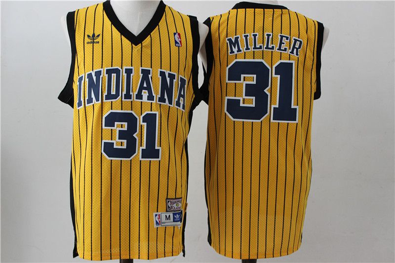 Men Indiana Pacers #31 Miller Yellow Stripe Throwback Adidas NBA Jersey->indiana pacers->NBA Jersey